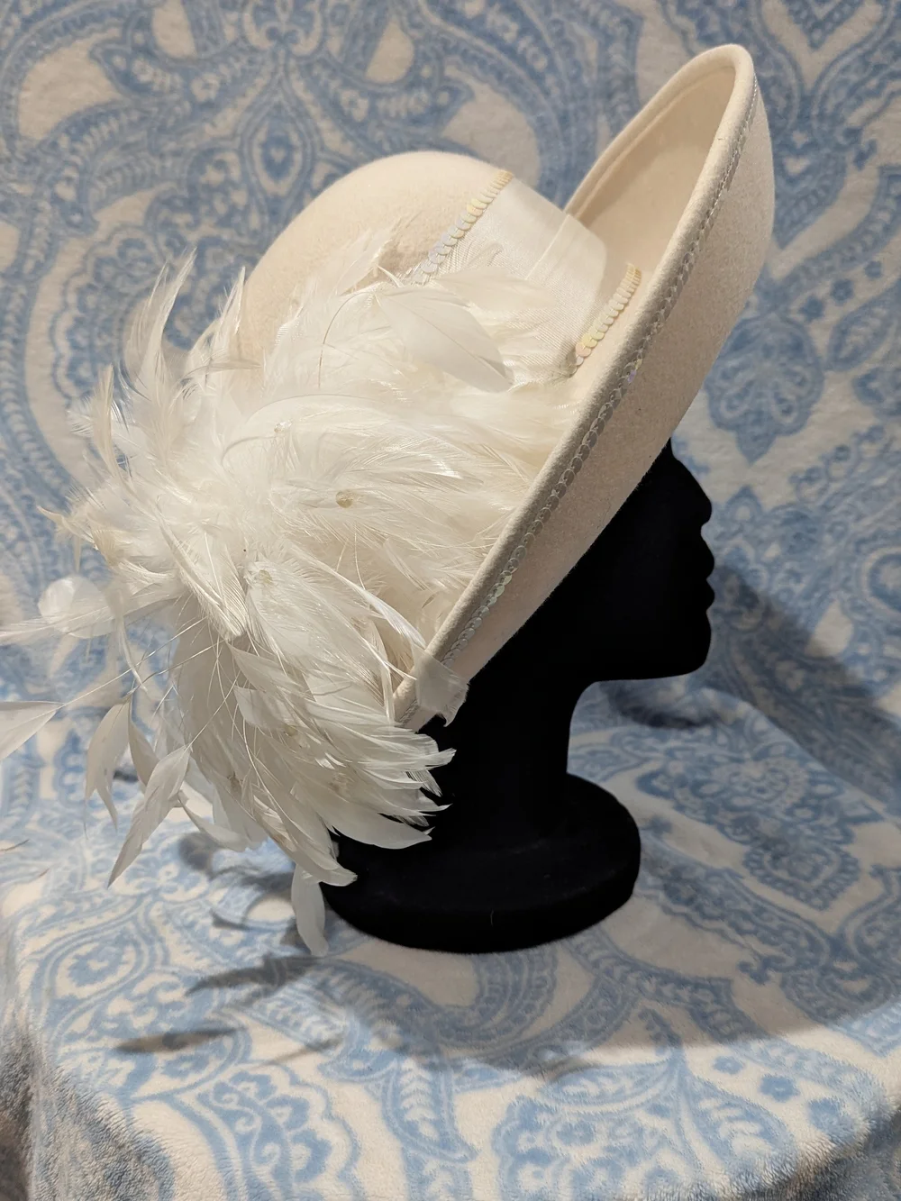 Cream Wide-Brim Felt Hat with Feather Trim